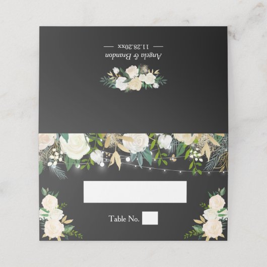 Waterverf Chic Ivory Floral String Lights Wedding Plaatskaartje (Buitenkant ongevouwen)