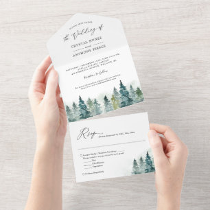Waterverf Chic Pine Tree Forest Winter Wedding All In One Uitnodiging