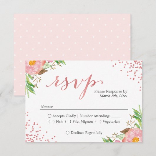 Waterverf Chic Pink Floral Wedding RSVP Reactie (Voorkant / Achterkant)