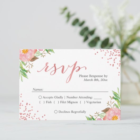 Waterverf Chic Pink Floral Wedding RSVP Reactie Kaartje (Staand voorkant)