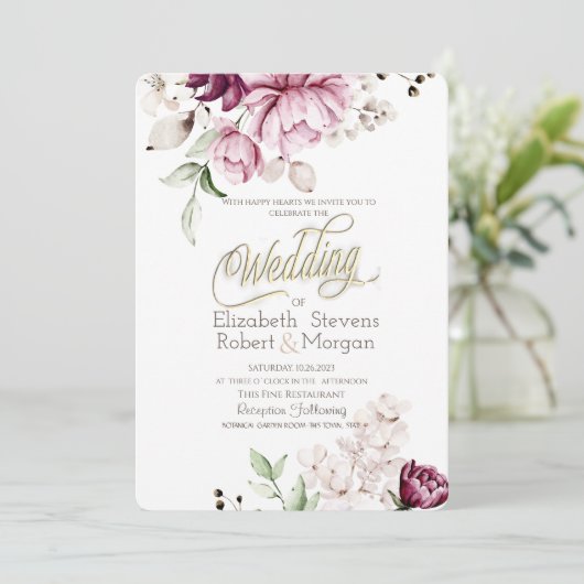 Waterverf Chic Violet Flowers Wedding Kaart (Staand voorkant)