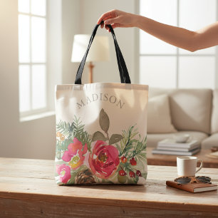 Waterverf Chic Winter Floral Persoonlijke naam Tote Bag