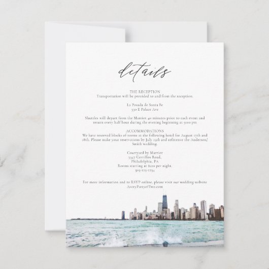 Waterverf Chicago Skyline Wedding Details Card Kaart (Voorkant)