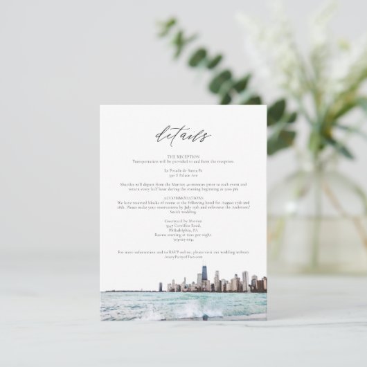 Waterverf Chicago Skyline Wedding Details Card Kaart (Staand voorkant)