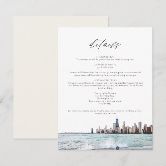 Waterverf Chicago Skyline Wedding Details Card Kaart (Voorkant / Achterkant)