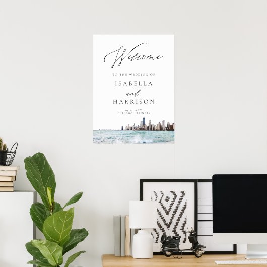 Waterverf Chicago Skyline Wedding Welcome Poster (Thuiskantoor)