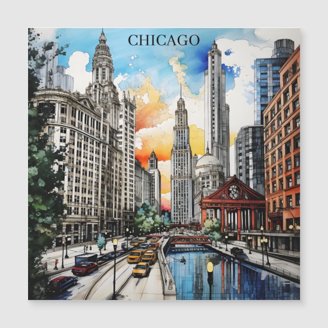 Waterverf Chicago Skyline – Windy City Reis (Voorkant)