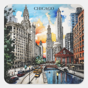 Waterverf Chicago Skyline – Windy City Reis Vierkante Sticker