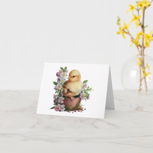 Waterverf Chick in Pot met Bloemen BLANK Kaart (Gele Bloem)