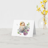 Waterverf Chick met Paarse Bloemen BLANK Kaart (Gele Bloem)