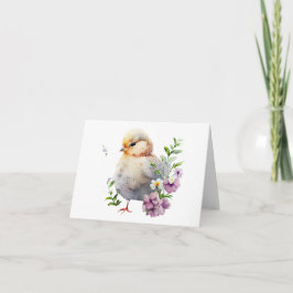 Waterverf Chick met Paarse Bloemen BLANK Kaart