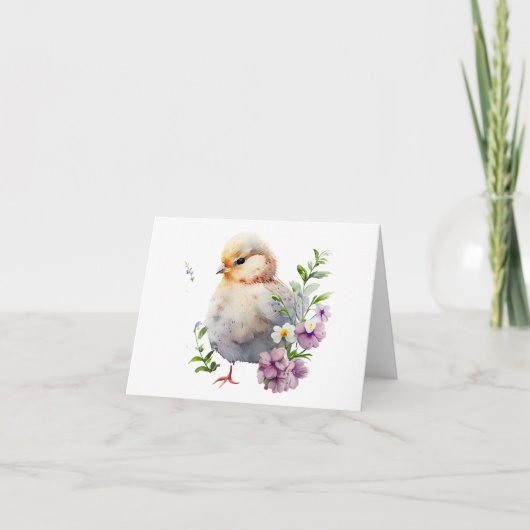 Waterverf Chick met Paarse Bloemen BLANK Kaart (Voorkant)