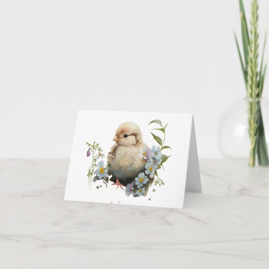 Waterverf Chick met Witte Bloemen BLANK Kaart (Voorkant)