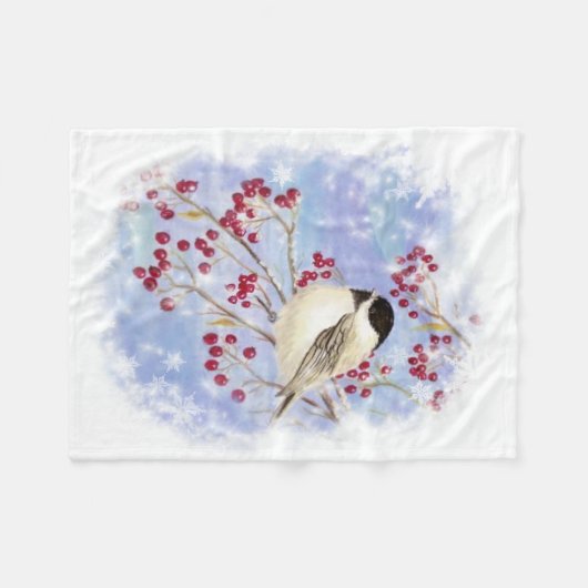 Waterverf Chickadee & Berries Frosty Winter Scene Fleece Deken (Voorkant (Horizontaal))