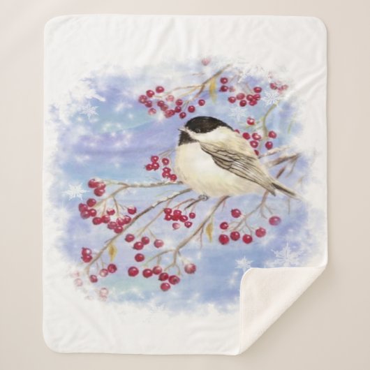 Waterverf Chickadee Berry Tree Winter Frost Bird Sherpa Deken (Voorkant)