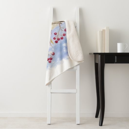 Waterverf Chickadee Berry Tree Winter Frost Bird Sherpa Deken (In situ)