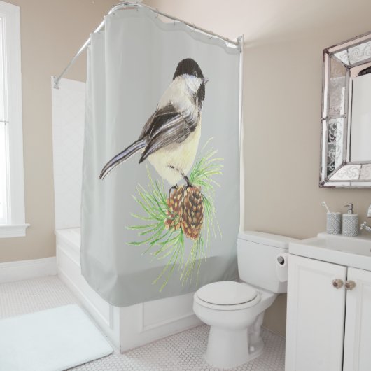 Waterverf Chickadee Bird Custom Achtergrond kleur Douchegordijn (In situ)