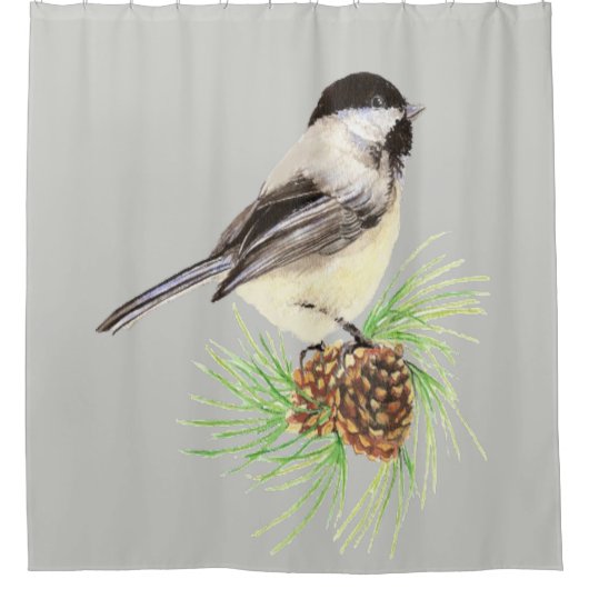 Waterverf Chickadee Bird Custom Achtergrond kleur Douchegordijn (Voorkant)