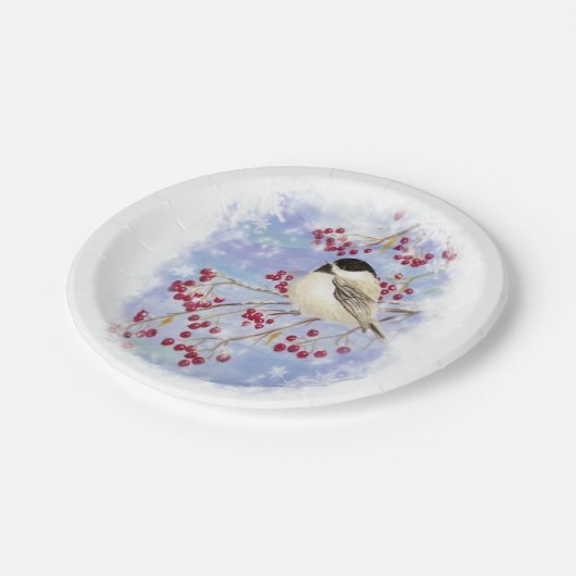 Waterverf Chickadee Bird Frosty Winter Snowflakes Papieren Bordje (Gekanteld)