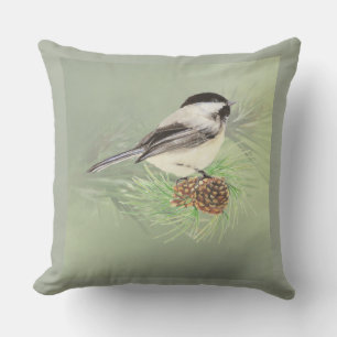 Waterverf Chickadee Bird in Pine Tree Natuur art. Buitenkussen