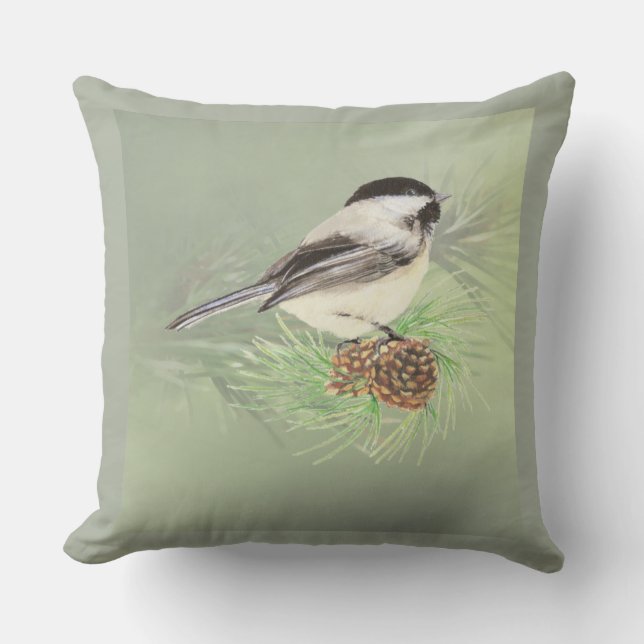 Waterverf Chickadee Bird in Pine Tree Natuur art. Buitenkussen (Voorkant)