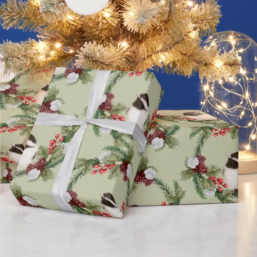 Waterverf Chickadee Bird Kerstmis Cadeaupapier (Feestdagen)