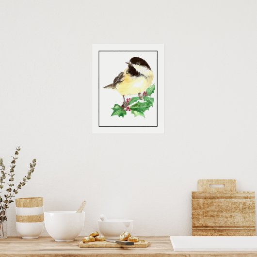Waterverf Chickadee Bird met Holly Sprig Poster (Keuken)