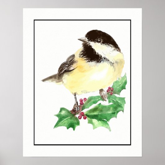 Waterverf Chickadee Bird met Holly Sprig Poster (Voorkant)