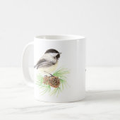 Waterverf Chickadee Bird & Pine Natuur art Koffiemok (Voorkant links)