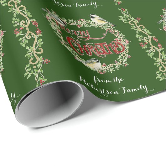 Waterverf Chickadee Birds Merry Kerstmis Wreater Cadeaupapier (Rol Hoek)