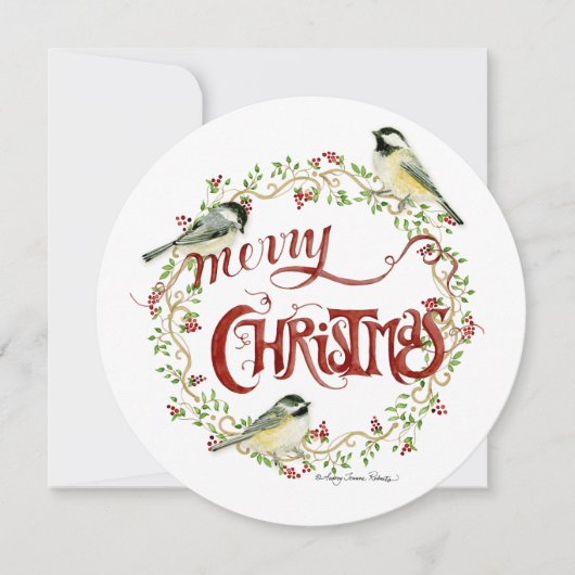 Waterverf Chickadee Birds Merry Kerstmis Wreater Feestdagenkaart (Voorkant)