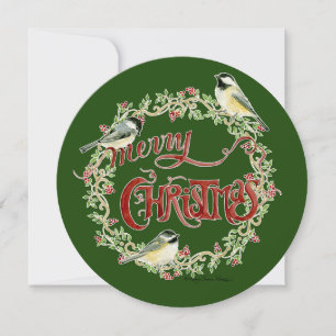 Waterverf Chickadee Birds Merry Kerstmis Wreater Feestdagenkaart
