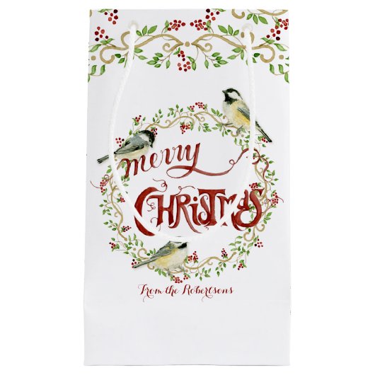 Waterverf Chickadee Birds Merry Kerstmis Wreater Klein Cadeauzakje (Voorkant)