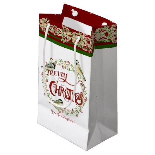 Waterverf Chickadee Birds Merry Kerstmis Wreater Klein Cadeauzakje (Voorkant Gekanteld)
