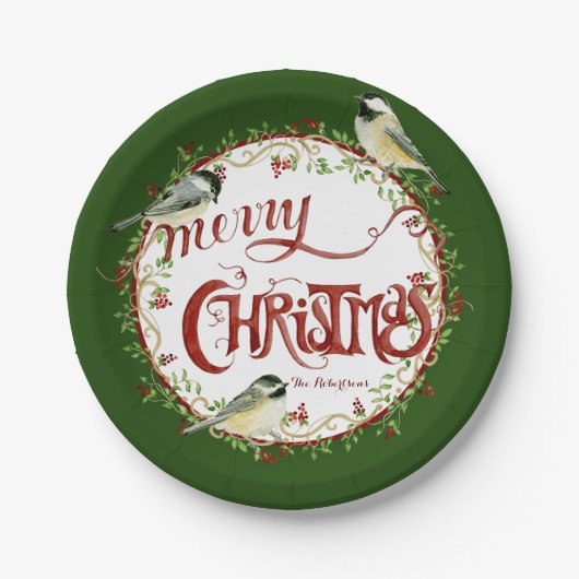 Waterverf Chickadee Birds Merry Kerstmis Wreater Papieren Bordje (Voorkant)
