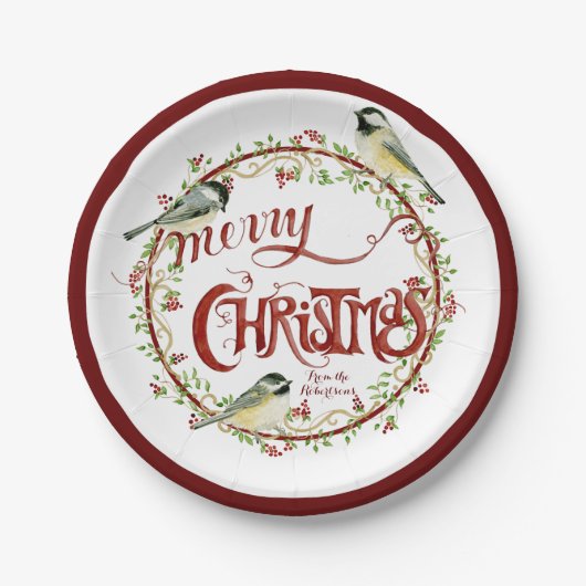 Waterverf Chickadee Birds Merry Kerstmis Wreater Papieren Bordje (Voorkant)