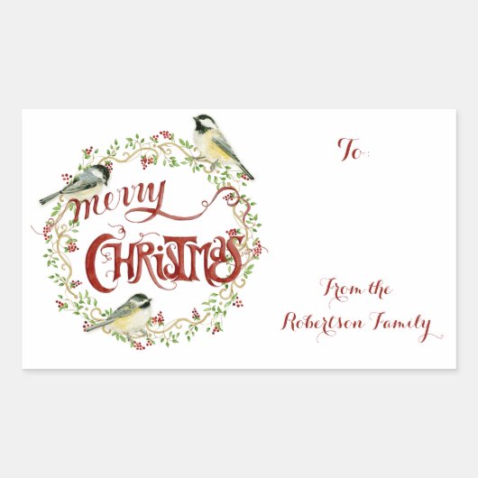 Waterverf Chickadee Birds Merry Kerstmis Wreater Rechthoekige Sticker (Voorkant)