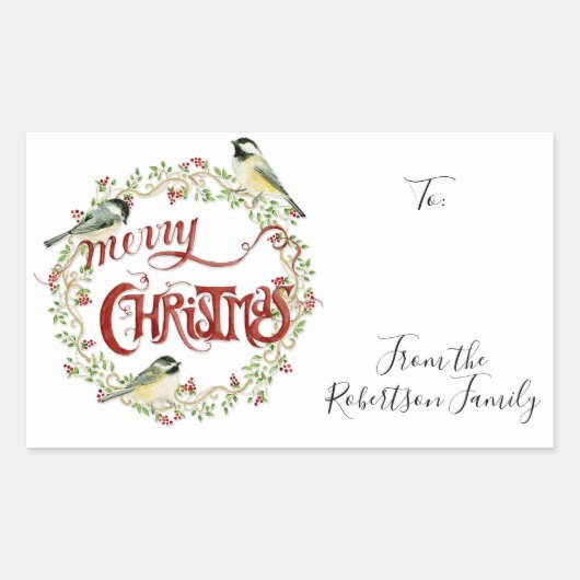 Waterverf Chickadee Birds Merry Kerstmis Wreater Rechthoekige Sticker (Voorkant)