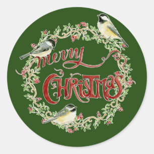 Waterverf Chickadee Birds Merry Kerstmis Wreater Ronde Sticker