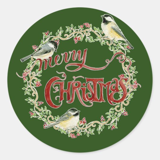 Waterverf Chickadee Birds Merry Kerstmis Wreater Ronde Sticker (Voorkant)