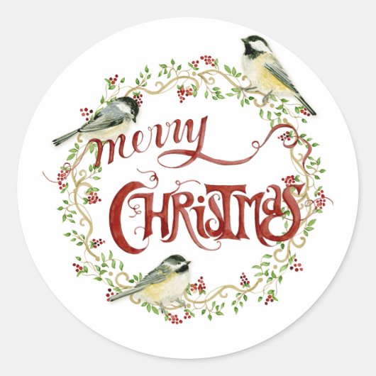 Waterverf Chickadee Birds Merry Kerstmis Wreater Ronde Sticker (Voorkant)
