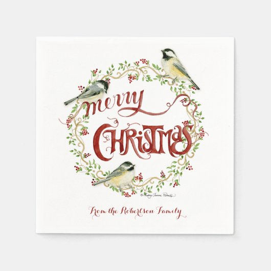 Waterverf Chickadee Birds Merry Kerstmis Wreater Servet (Voorkant)