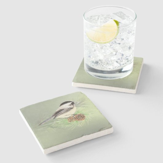 Waterverf Chickadee In Pine Tree Bird Natuur Rat Stenen Onderzetter (Zijkant)