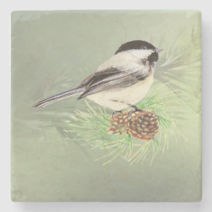 Waterverf Chickadee In Pine Tree Bird Natuur Rat Stenen Onderzetter