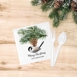 Waterverf Chickadee op Pinecone Merry Kerstmis Servet