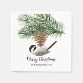 Waterverf Chickadee op Pinecone Merry Kerstmis Servet (Voorkant)