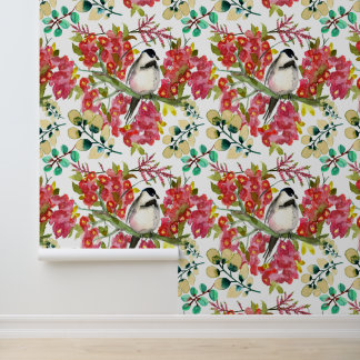 Waterverf chickadee op roze bloemtak behang