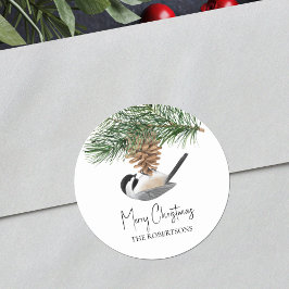 Waterverf Chickadee Pine Cone Christmas Ronde Sticker