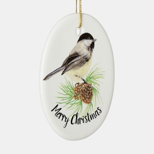 Waterverf Chickadee Pine Cone Merry Kerstmis Keramisch Ornament (Rechts)