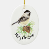 Waterverf Chickadee Pine Cone Merry Kerstmis Keramisch Ornament (Voorkant)